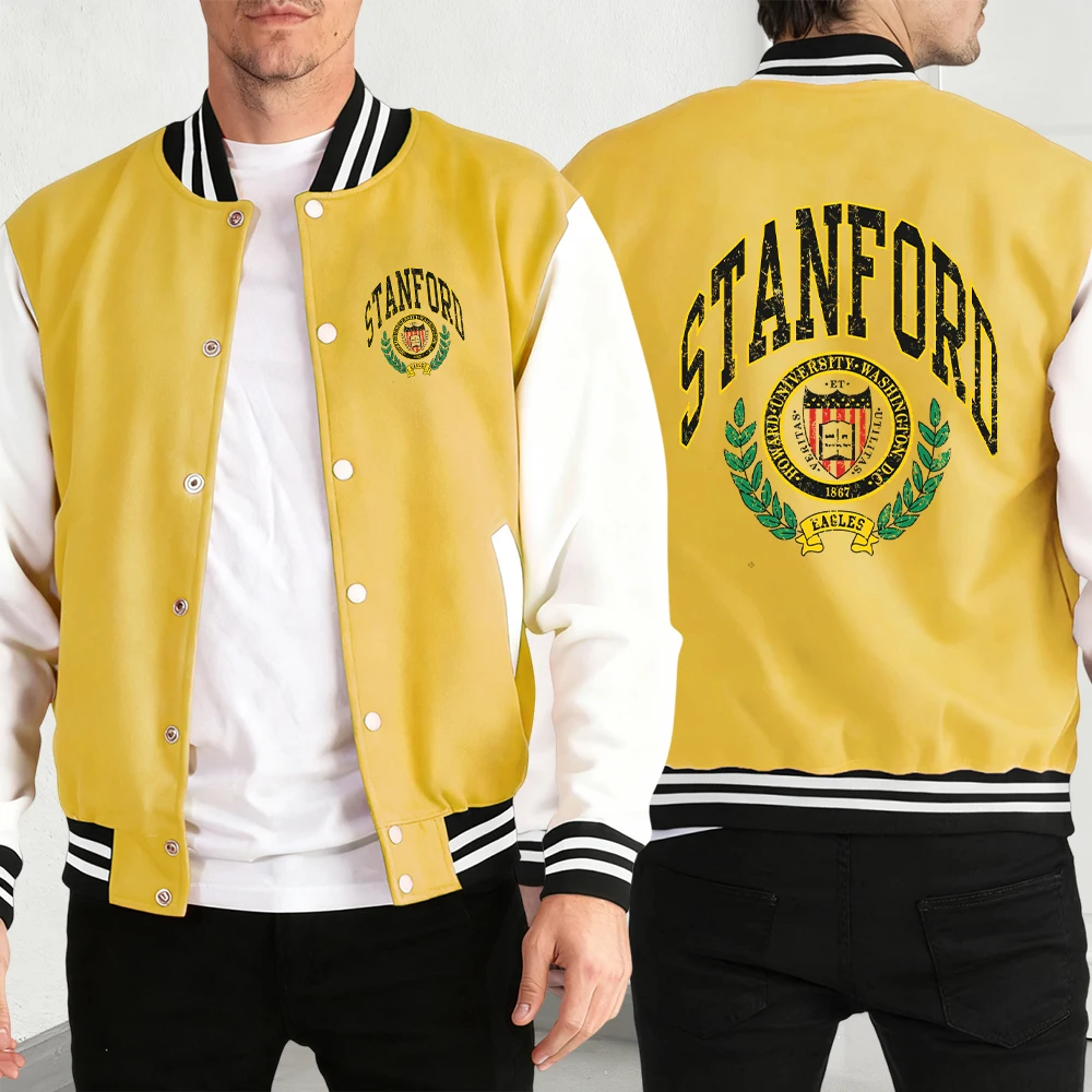 

Stanford Eagles 1867 Print Men'S Basics Retro Menswear Street Fashion Jackets Classic Loose Baseball Jersey Pocket Comfy Coat