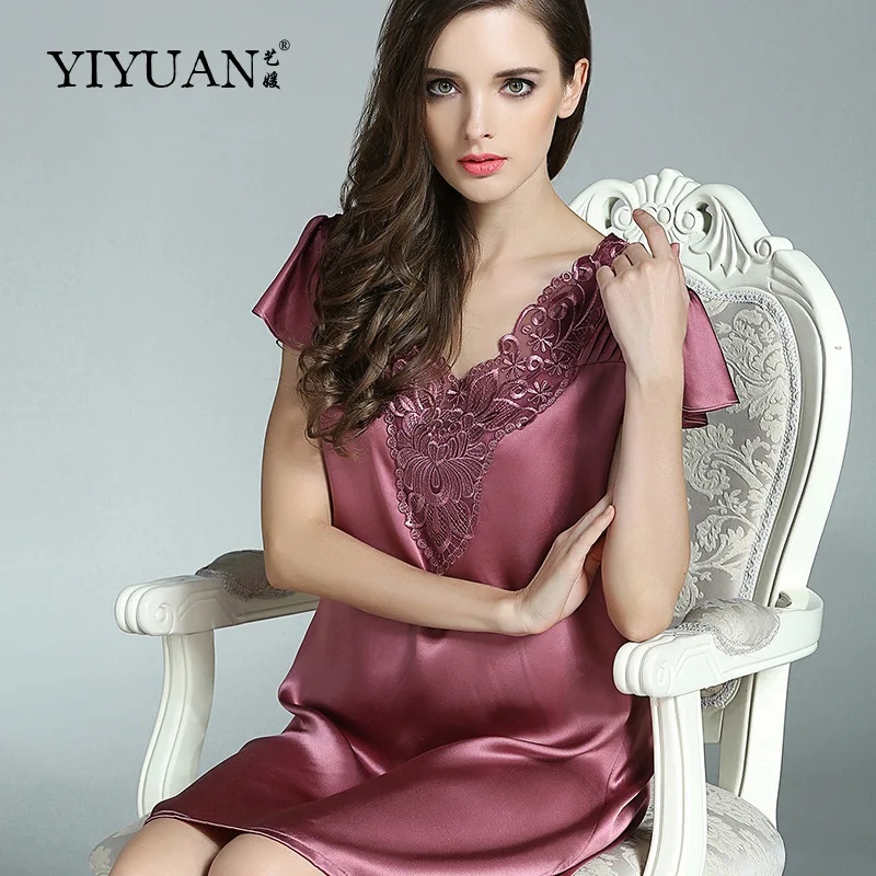 

Women's Spring and Autumn Summer High Quality Real Silk Pajamas Short Sleeve Nightdress Home Wear Red Sexy