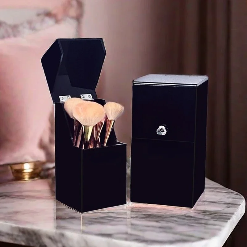 Pearl makeup brush storage bucket acrylic dust-proof flip eyebrow pencil eyeshadow pen holder dresser beauty brush case