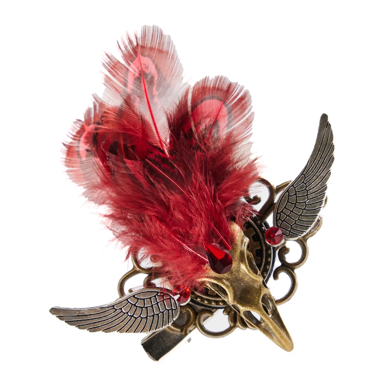 Distintivo vintage retrò con ali di teschio di uccello Spilla punk Decorazioni per feste con forcina in cristallo con piume gotiche