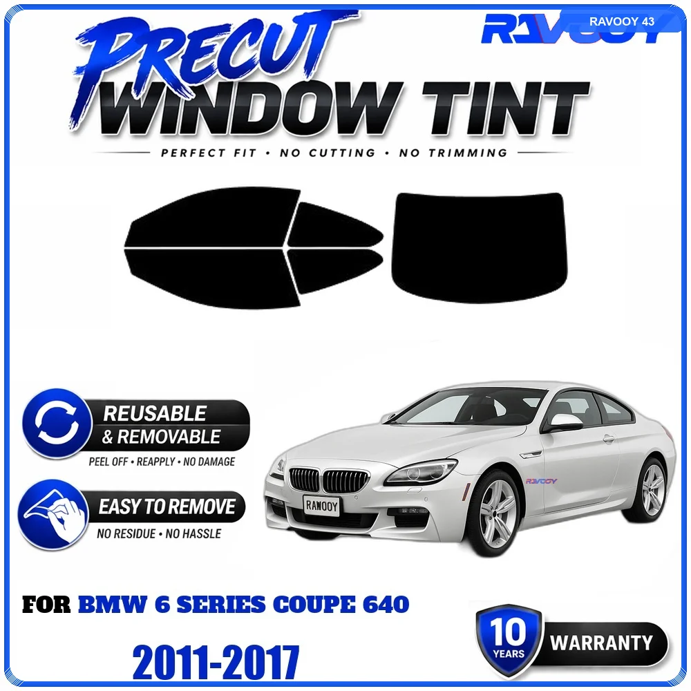 RAVOOY Precut Window Tint, Reusable Removable EPU Film, Custom Fit for Bmw 6 Series Coupe 640 2011-2017, UV Heat Protection