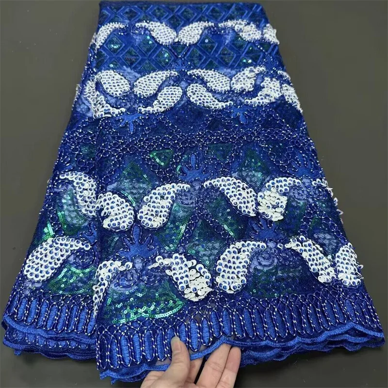 

African BSequins Mesh Lace Fabric for Women, Blue and White, Embroidery Tulle Wedding Dress, Sewing Meters, 5Yards