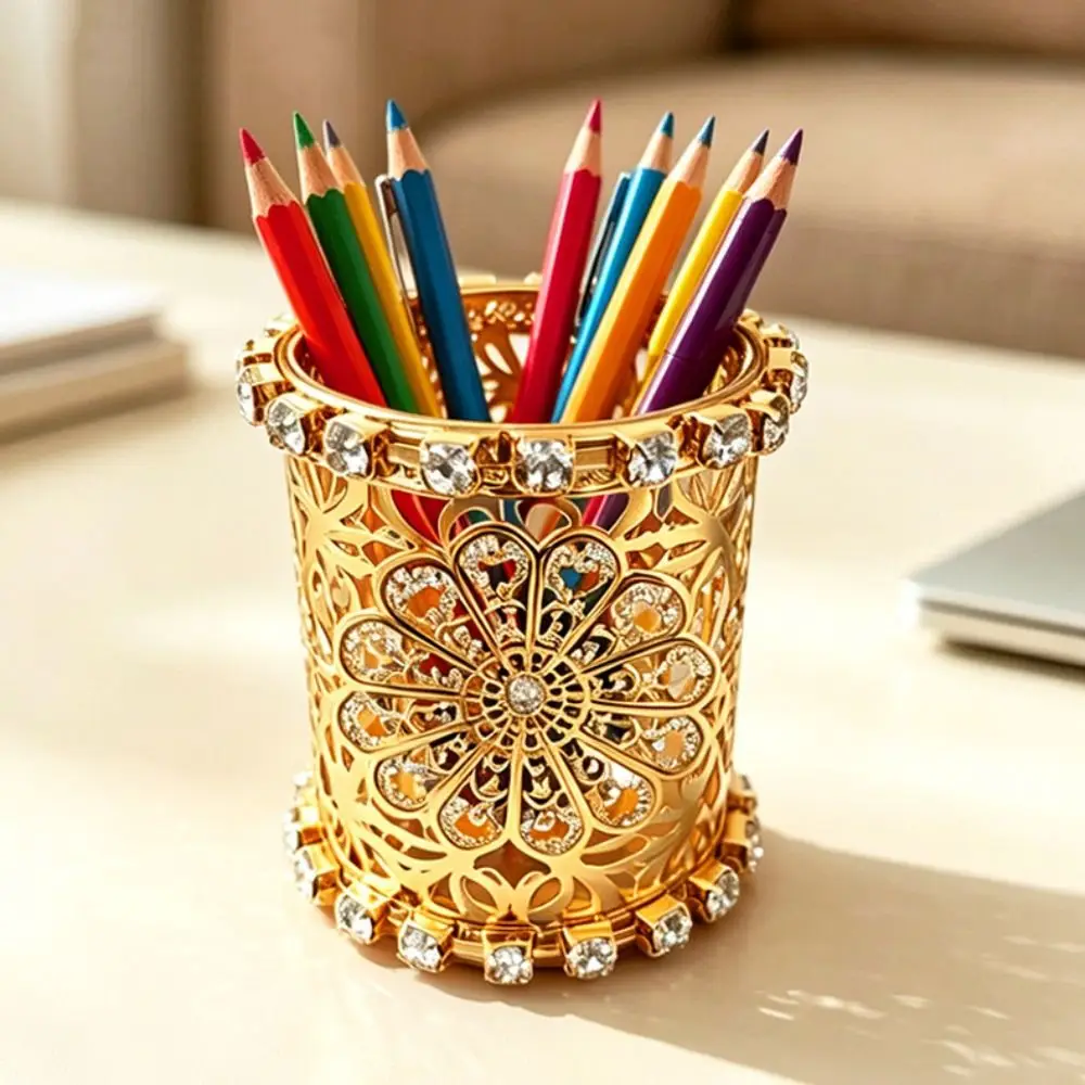 No-slip Hollow Out Pen Holder Luxury Rhinestone Decoration Desktop Storage Container Butterfly Iron Desk Stationery Organizer