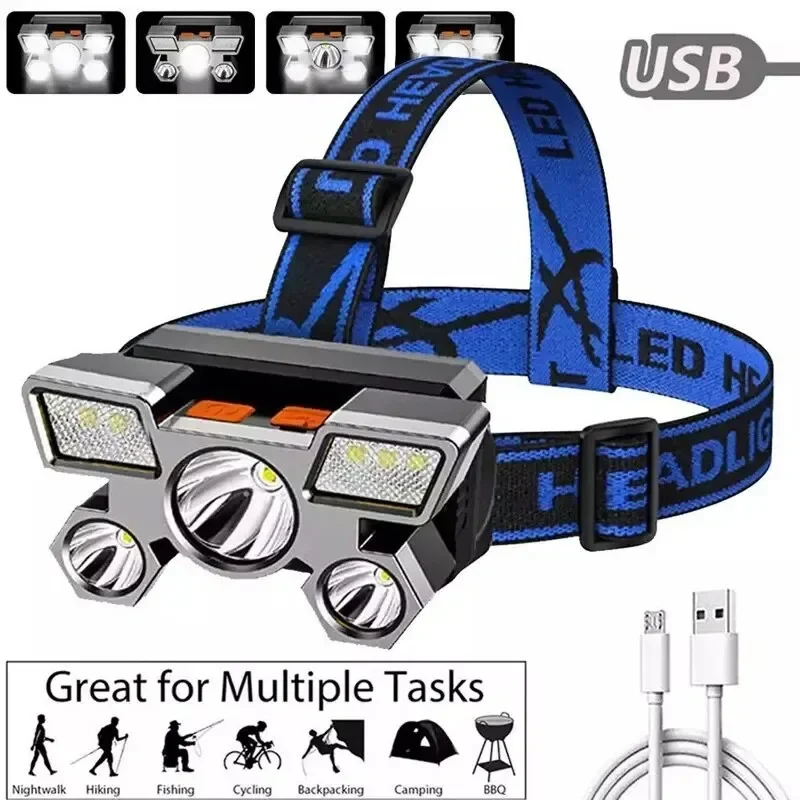 5LED Bright Headlamp Rechargeable Waterproof Adjustable 4Modes Lightweight for Outdoor Camping Running Hiking