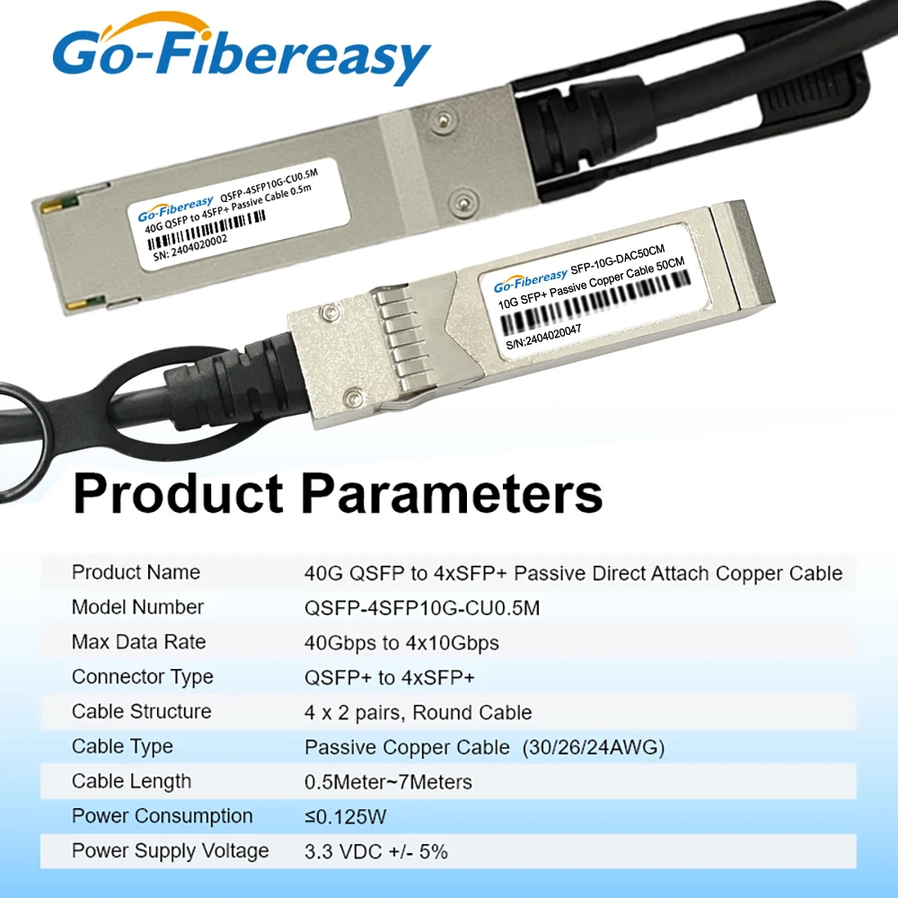 DAC Cable QSFP/SFP 40G to 4*10G 0.5m/1m/2m/3m~7m Passive Direct Attach Stacking Copper Cable For Mikrotik,Mellanox Optica Switch