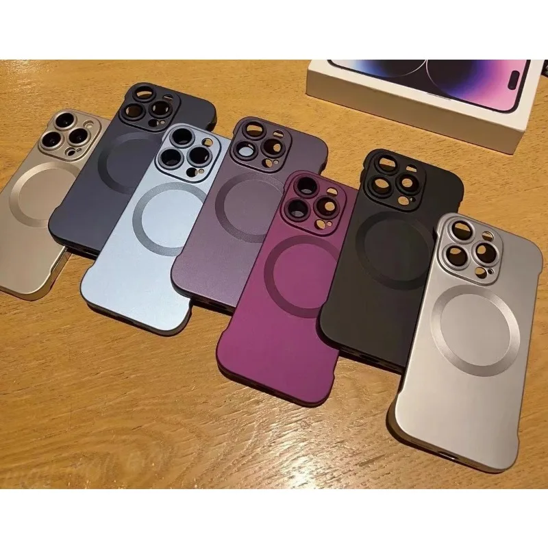 Metallic Verf Frameloze Magnetische Lens Protector Cover Telefoon Case voor 16 15 14 13 12 11 Pro Max Eenvoudig Ontwerp Anti-drop