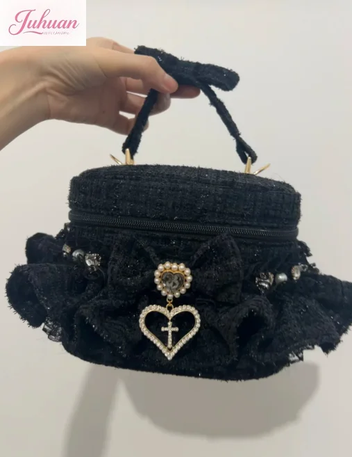 Japanese mass-produced mine series Lolita bow ruffle edge rhinestone handheld shoulder messenger bag versatile bud bucket bags