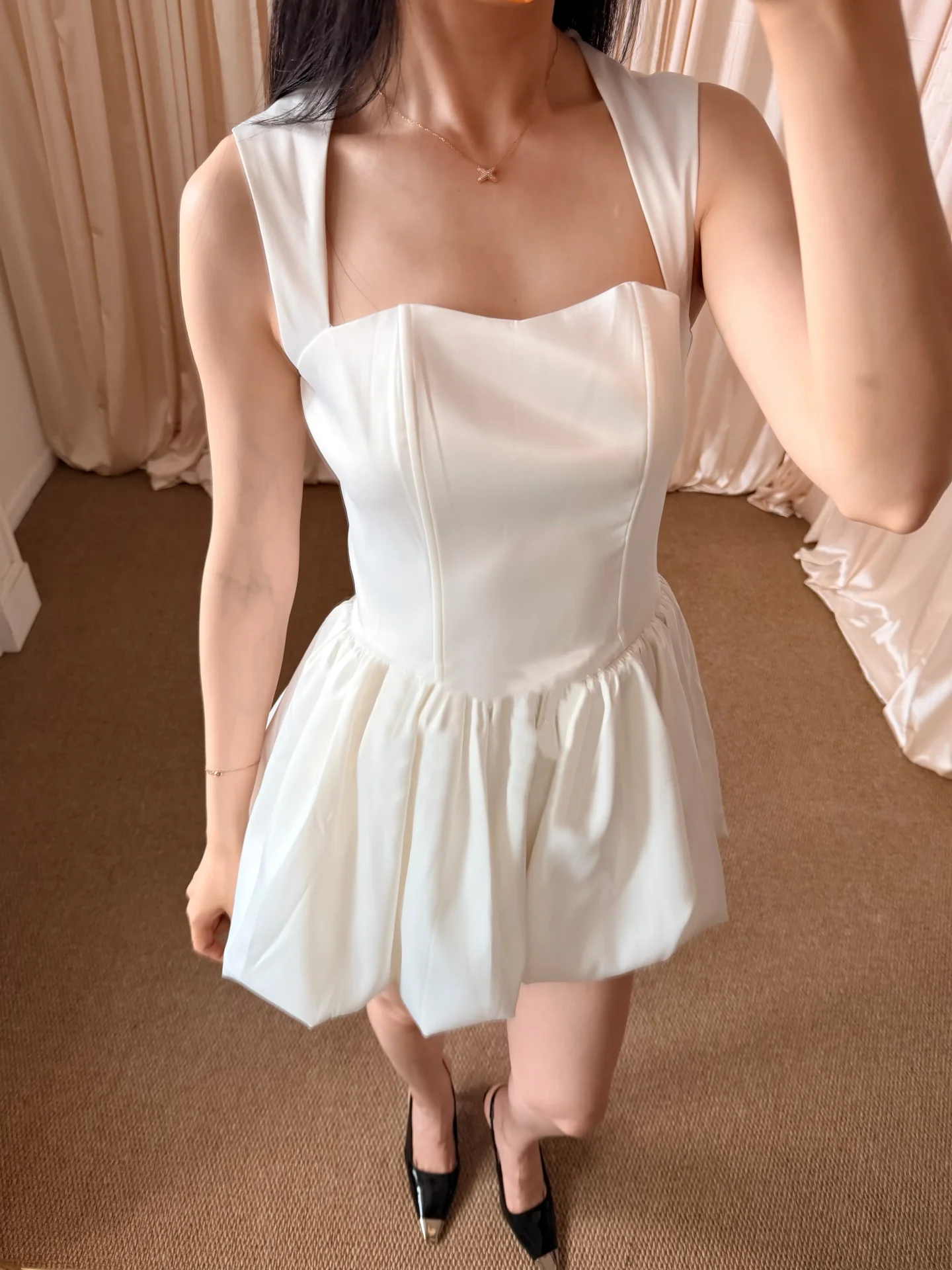Ladies Backless Fashion Dress Sleeveless Square Collar High Waist A-Line Casual Mini Robe