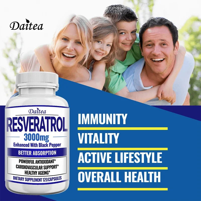 Extra Strength Resveratrol Natural Black Pepper, Healthy Aging, Heart Health, Brain Health, Oxidative Stress Gluten Free Non-GMO