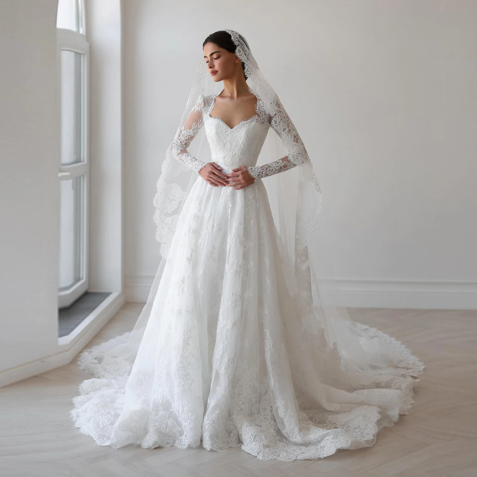 شارون سعيد فاخر الدانتيل الأبيض الحبيب الكرة ثوب الزفاف فستان طويل الأكمام للنساء فساتين العروس الحفلات 2025 SW531 مخصص