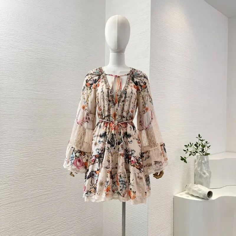 

Floral Print Lace Patchwork Long Sleeve Loose Mini Dress for Women