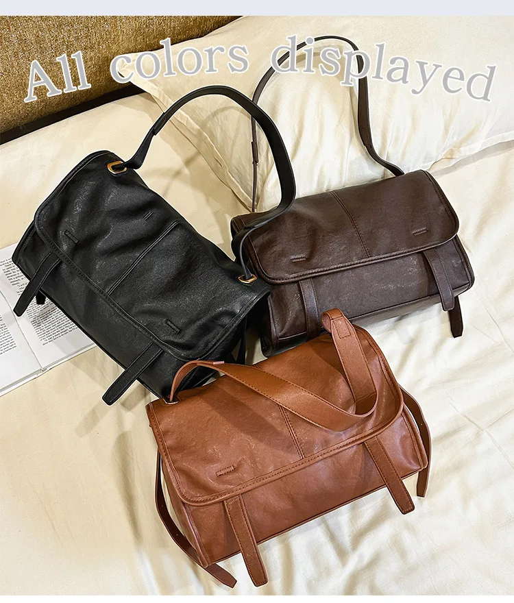 

Retro Oil Wax Leather Messenger Women Casual Flap Satchel Minimalist Crossbody Purse Female Commute Sling Handbag
