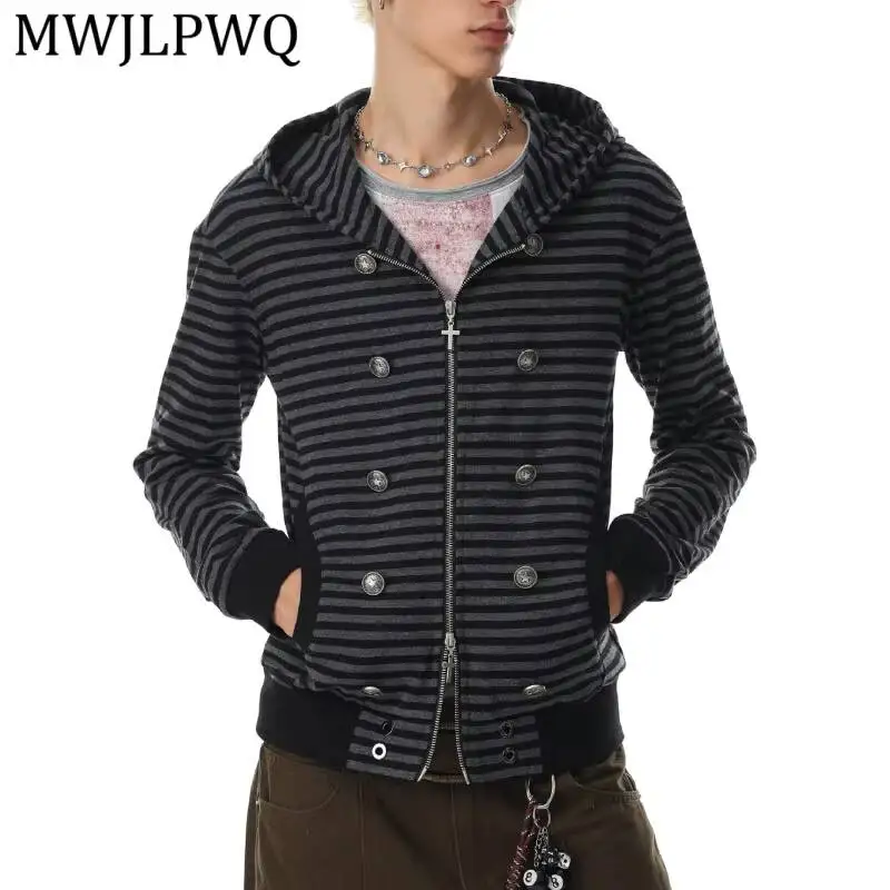 MWJLPWQ American Retro Striped Button-Decorated Zip-Up Hoodie Jacket For Men Women Loose-Fit Hooded Cardigan Top Autumn 17018