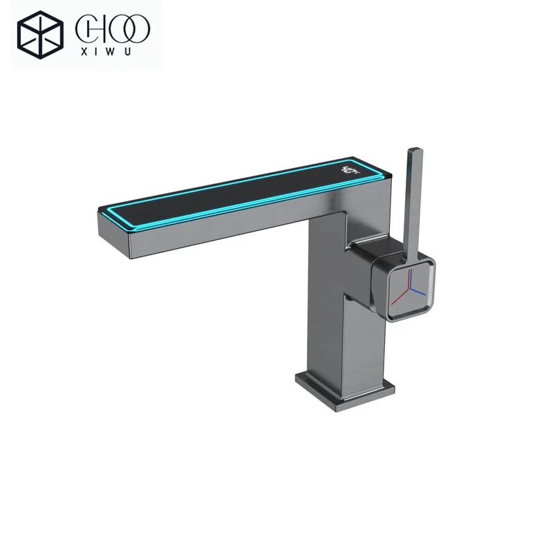 Pistola cinza display digital torneira da bacia preto display de temperatura do banheiro pia misturador água quente & fria senso de tecnologia guindaste
