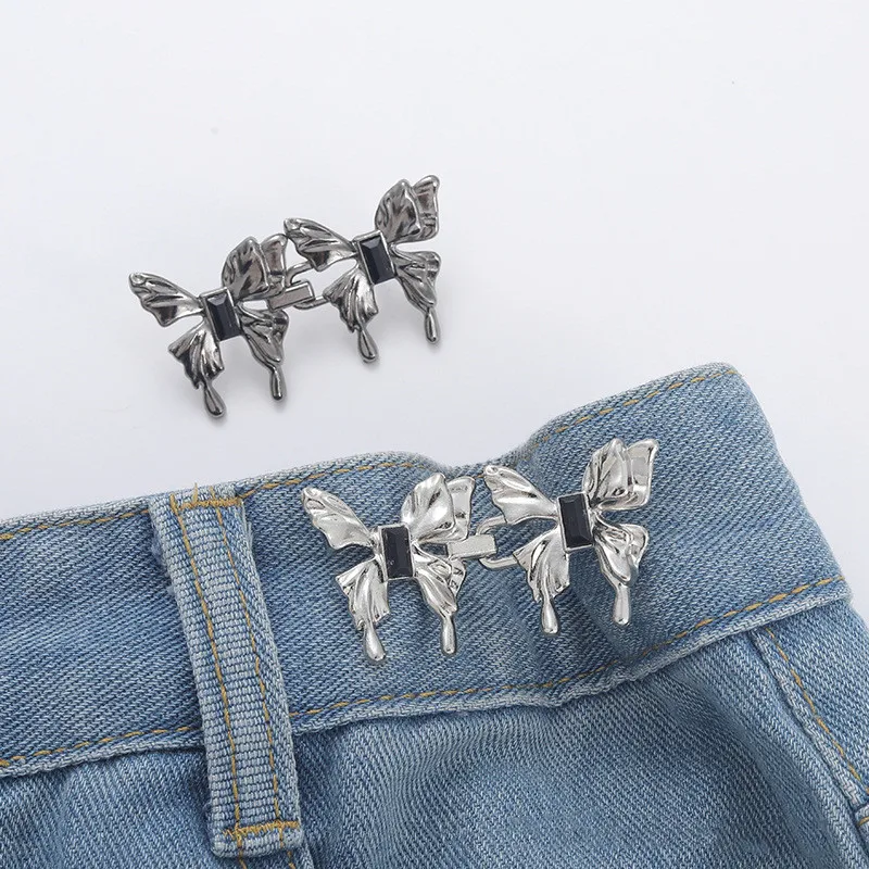 2PCS Bowknot Button Adjuster for Pants Skirts Waist Tightener Adjustable Butterfly Waist Buckle for Jeans No Sewing Required