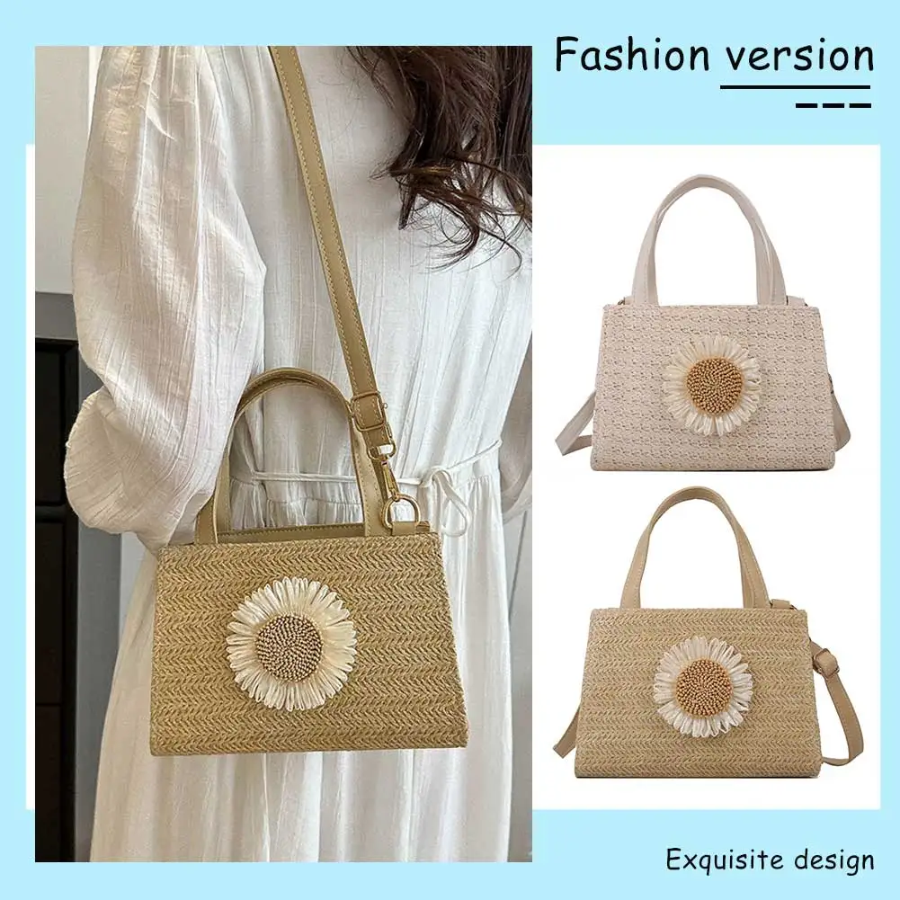 

Sun Flower Straw Bag Handbag Adjustable Strap Weaving Shoulder Bag for Daily Life Leisure