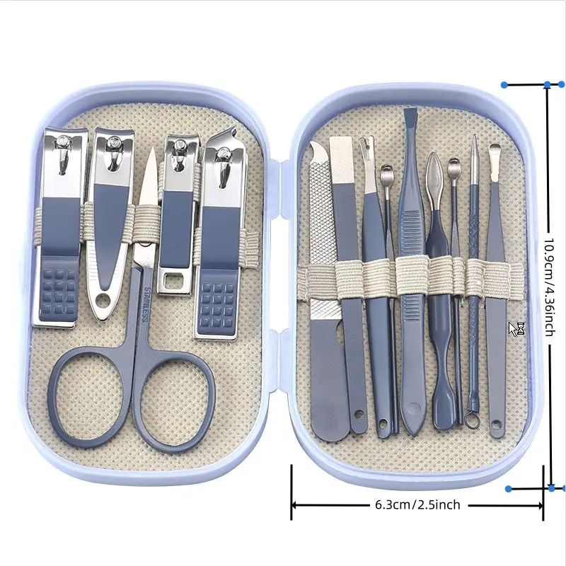 Set de lujo de 14 piezas de manicura y pedicura en acero inoxidable rosa y azul, tijeras, cortaúñas, cuchara para oídos, para hombres y mujeres 6