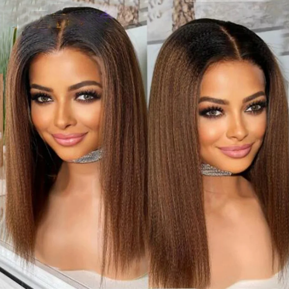 

Glueless Yaki Short Bob Soft Ombre Brown Lace Front Wig For Women 180Density Kinky Straight Synthetic Baby Hair Preplucked Daily