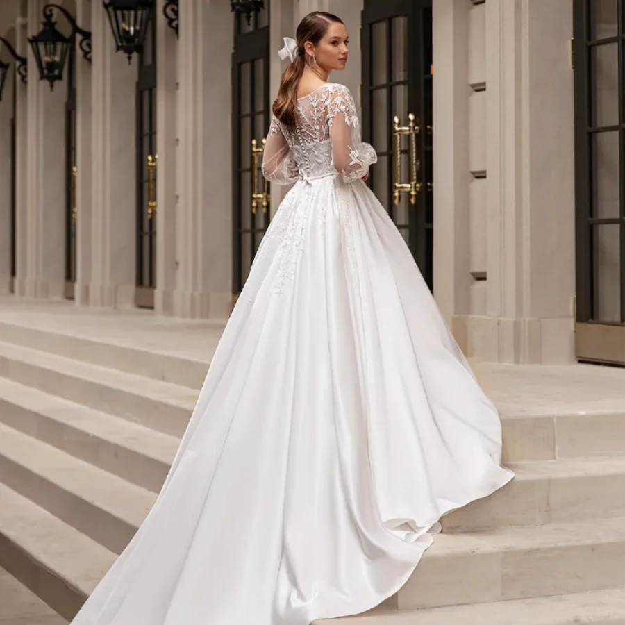 Women O-Neck Full Sleeves Bride Dress Satin With Classic Wedding Dresses Applique Sweep Train A-Line Custom Occasion Gowns