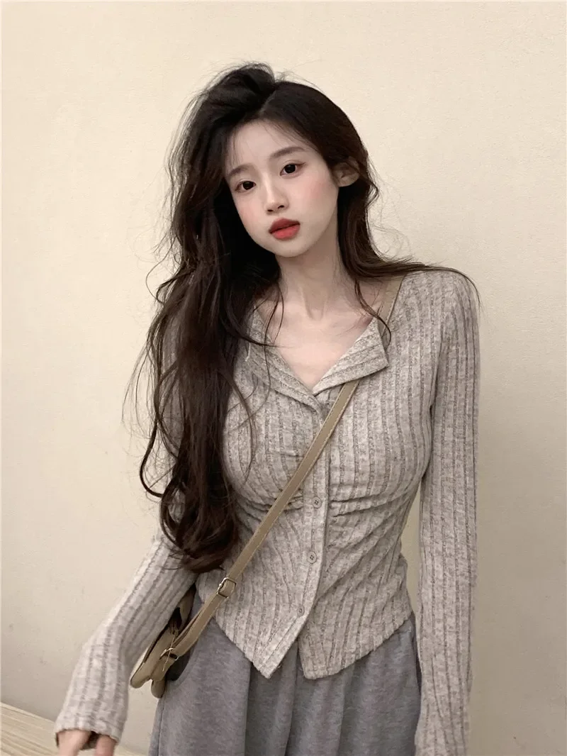 

Korean Women's Clothing Casual Sexy Knitted Cropped Cardigan Tops Fashion Sweater for Women Long Sleeve Tunic Folds Sueter Mujer