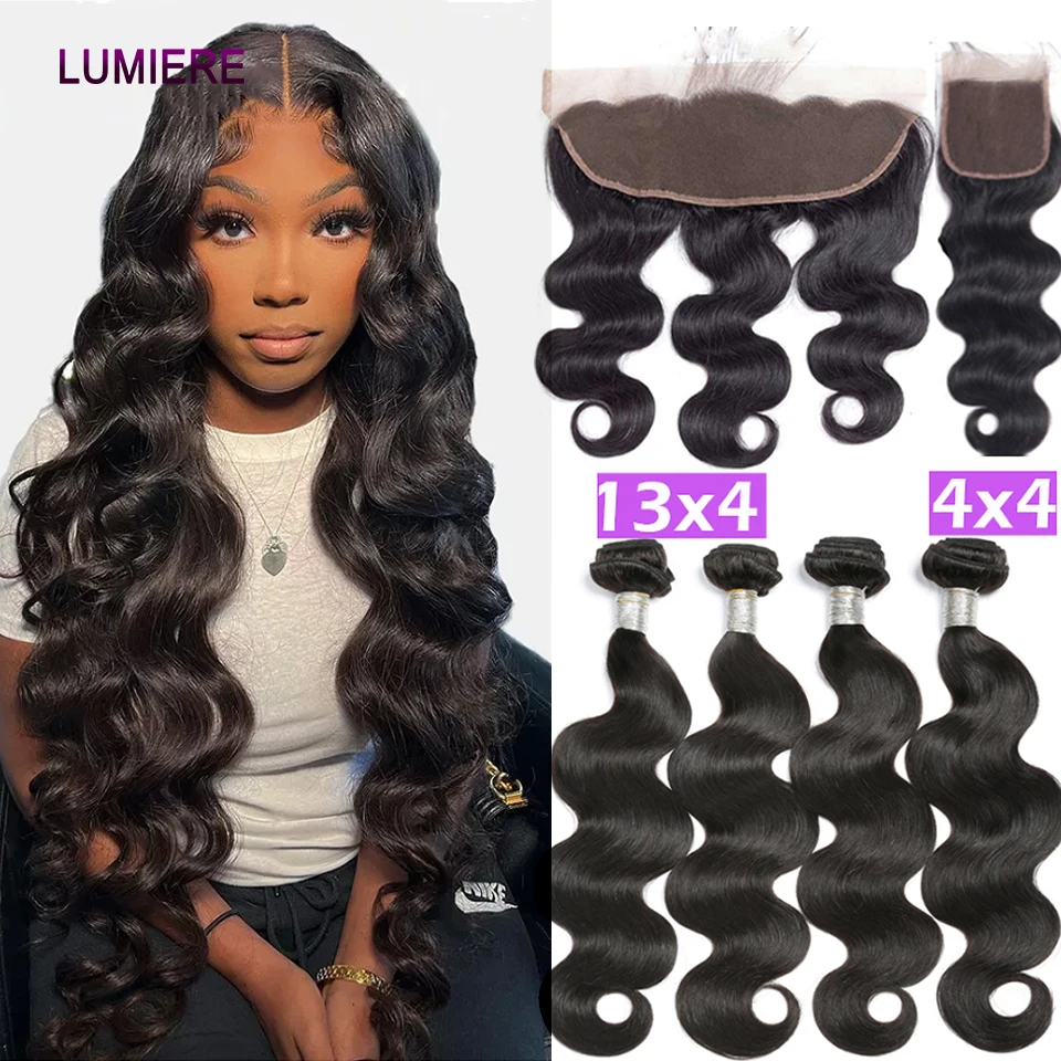 28 32 40Inch Body Wave Human Hair Bundles with Closure Frontal Peruvian Hair Bundles with Closure Remy 100% Human Hair Extension