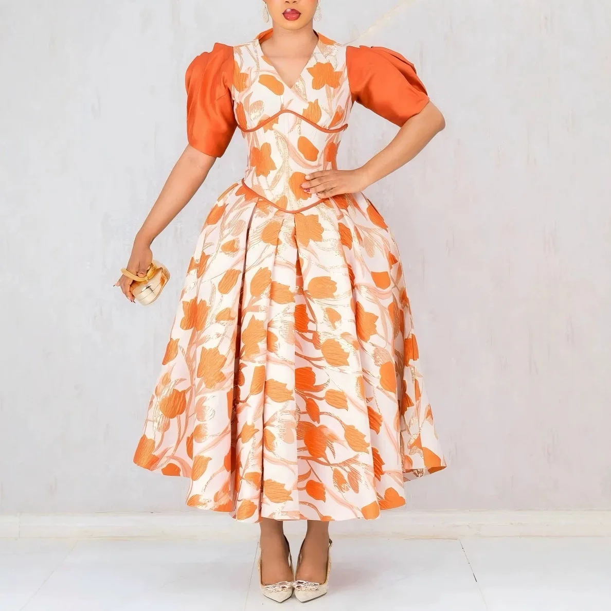 QMANSHA Maßgeschneidertes Orangefarbenes Blumen-Jacquard-Abendkleid mit Puffärmeln, A-Linie, Übergröße, Formelles Partykleid für Damen – Detail 7
