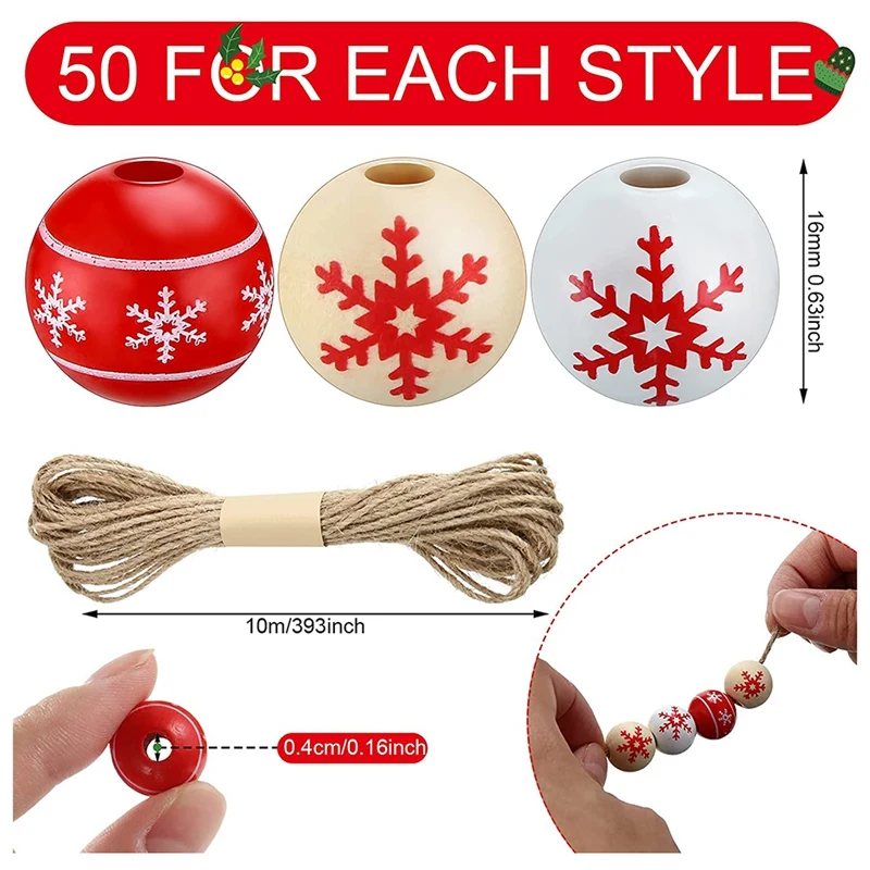 150 Uds cuentas de madera copo de nieve de Navidad cuentas redondas de madera con cuerda cuentas espaciadoras pulidas bola de madera para árbol de Navidad DIY