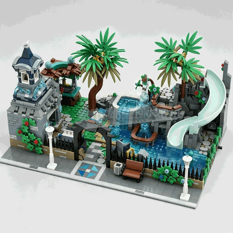 2368PCS Modular Swimming Pool Building Blocks Tropical Water Park City Street Model DIY Assembly Toy Creative Collection Gifts