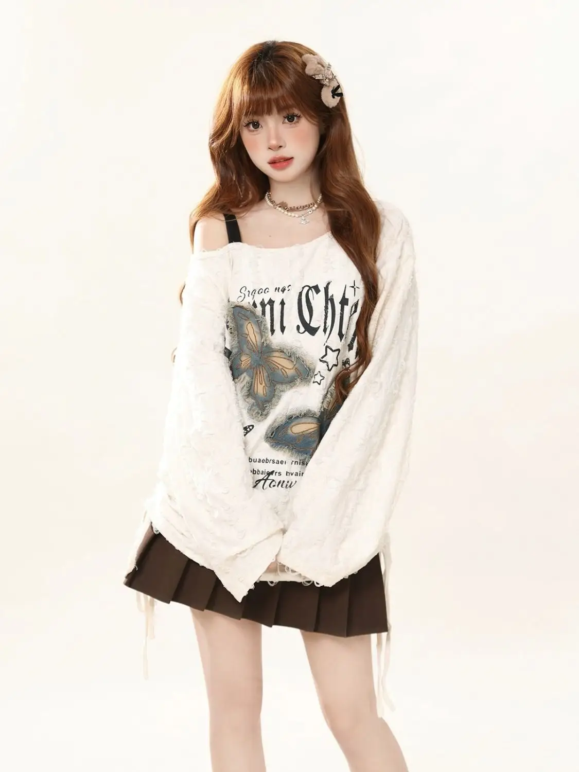 Vintage Ripped Hole Off Shoulder Oversize T Shirt Women Butterfly Patchwork Loose Casual Basic Tees Top Fall Spring Long Sleeve