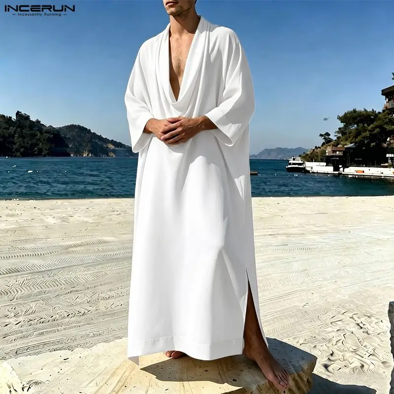 INCERUN Men's Muslim Kaftan Solid Color 3/4 Sleeve Vintage Robes For Man Caftan Oversize Loose 2026 Casual Arabic Jubba Thobe