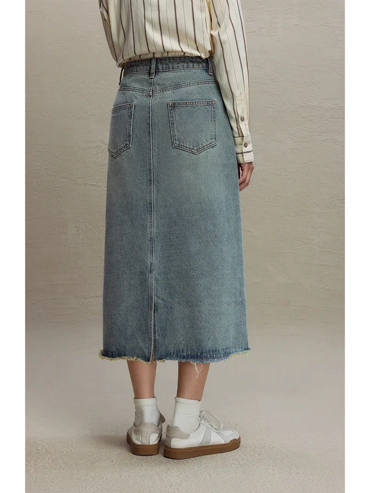 ZIQIAO High Waist Retro Denim Blue A-LINE Skirts Pocket Decoration Back Slit Women Long Denim Skirt Raw Edge Female Skirt