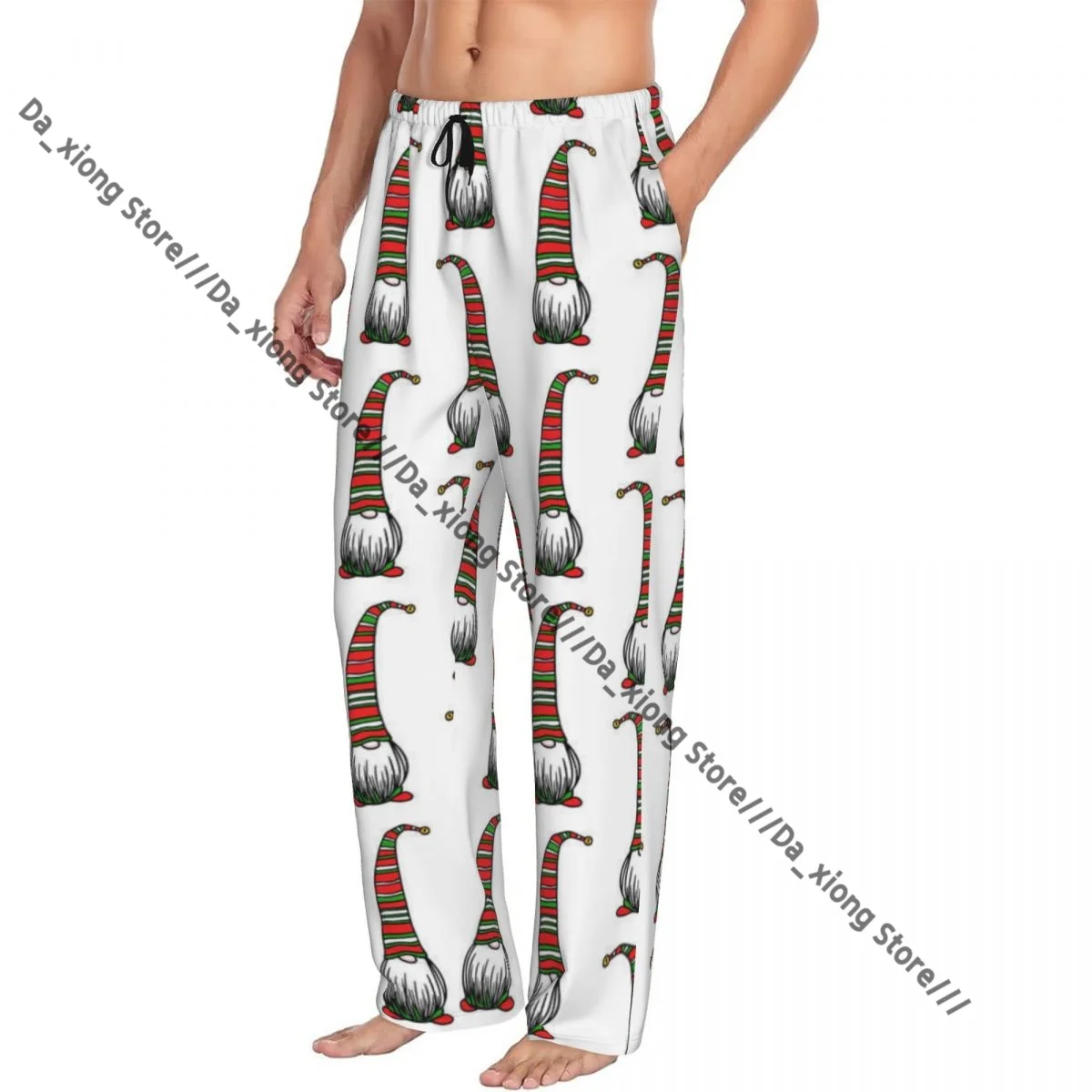 Mens Casual Pajama Long Pant Loose Elastic Waistband Hand Drawn Gnomes Pattern Cozy Sleepwear Home Lounge Pants