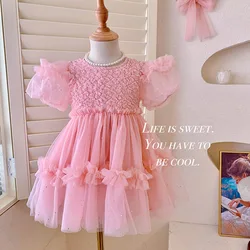 Baby Girl Dress Summer Mesh Solid Color Bubble Sleeve Girls Princess Dress Cute Girls Wedding Flower Girl Dresses