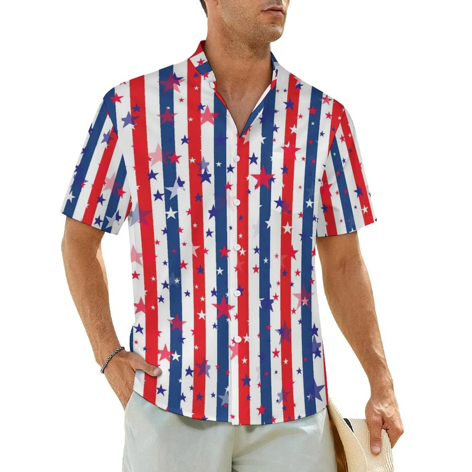 

Red Blue And White Stars Striped Beach Shirt Hawaiian Casual Shirts Man Novelty Blouses Short Sleeve Stylish Custom Clothing