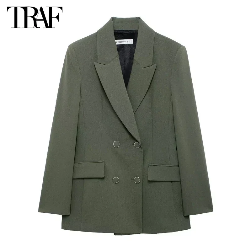 TRAF Double Breasted Jacket Office Blazer Women 2024 Women Outerwears Straight Long Blazer Woman Long Sleeve Women\'s Blazers