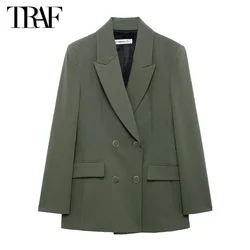 TRAF Double Breasted Jacket Office Blazer Women 2024 Women Outerwears Straight Long Blazer Woman Long Sleeve Women's Blazers