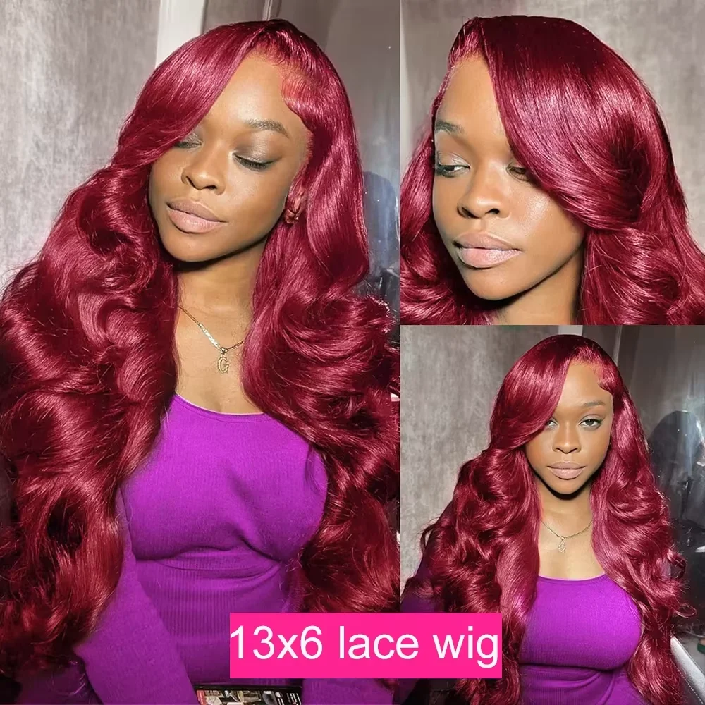 30–34 Inch 99J Burgundy Body Wave Human Hair Wigs Brazilian 13x6 HD Transparent Lace Frontal Wig Wet and Wavy Lace Front 100% Human Hair Wig image 2