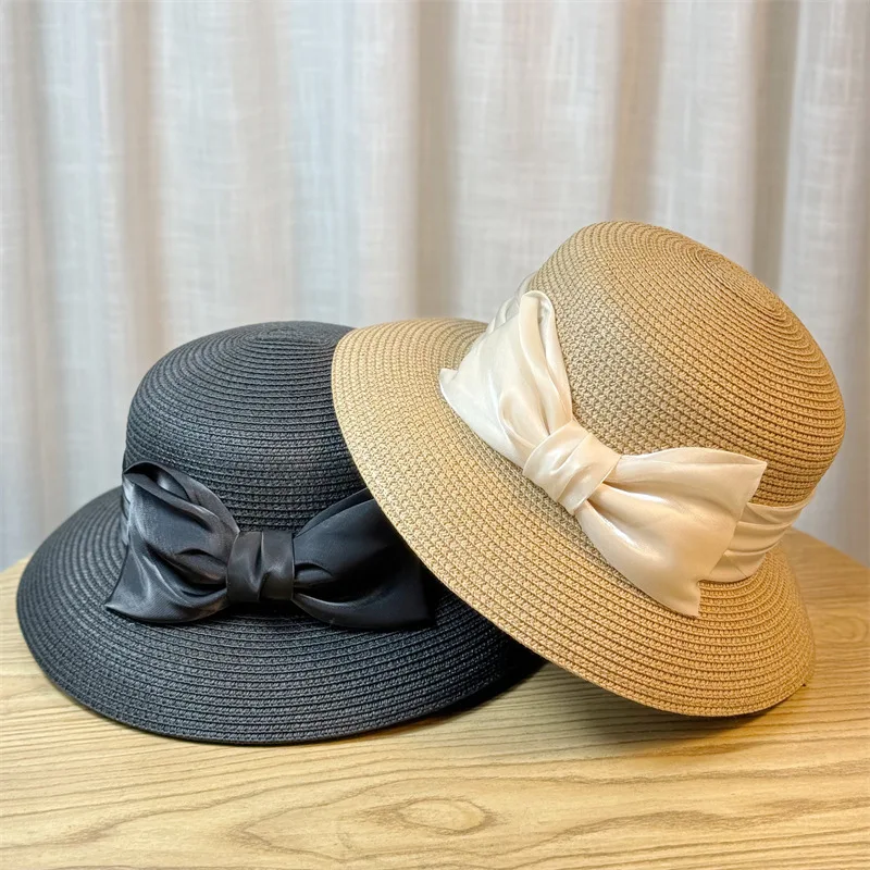 Women Bow Large Brim Ice Silk PP Straw Hat Summer Japanese Style Versatile UV Sun Protection Hat
