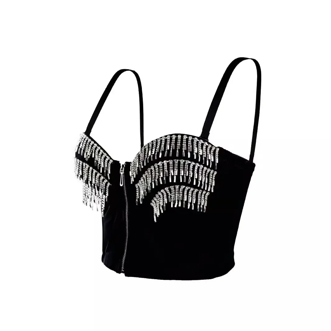 Punk Rock Style Underwire Fishbone Bras for Women Crystal Tassels Open Front Zipper Summer Underwear Cropped Tops Sex Bralette