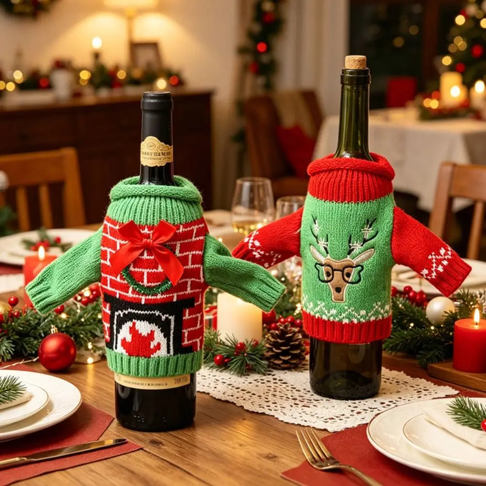 Elk Wine Bottle Cover Snowflake Reusable Cover Christmas Knitted Bottle Cover Snowman Santa Claus Beer Bottle Cover X-mas Party