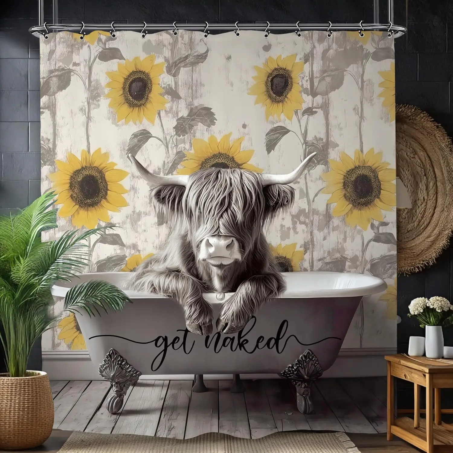 

Забавная занавеска для душа с изображением хайлендской коровы, деревенский фермерский дом, подсолнух, винтажный декор с животным юмором