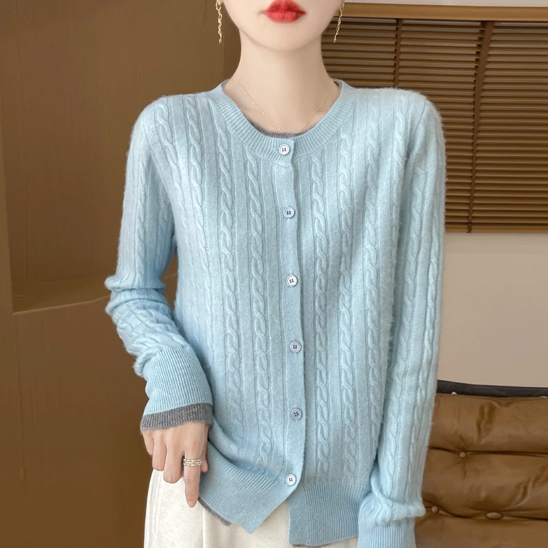 100% Merino Wool Knitted Cardigan Round Neck Color Blocked Fashionable Long Sleeve Elegant Warm Autumn/Winter Jacket Sweater Top