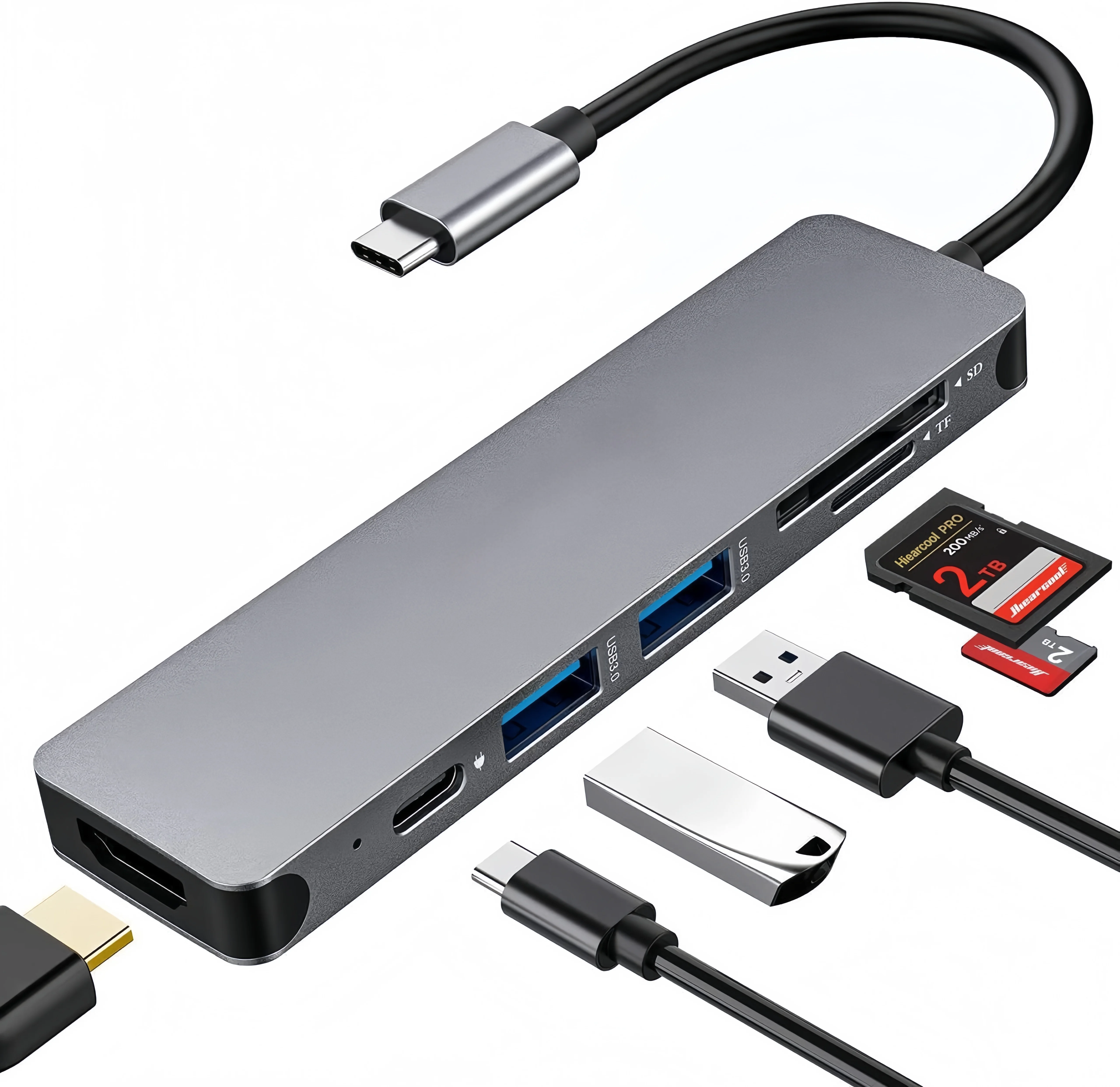 5PCS 6-in-1 USB Type-C Hub With PD Fast Charging, HDTV, USB 3.0, Ethernet, SD/TF Card Reader, Compatible With Laptops