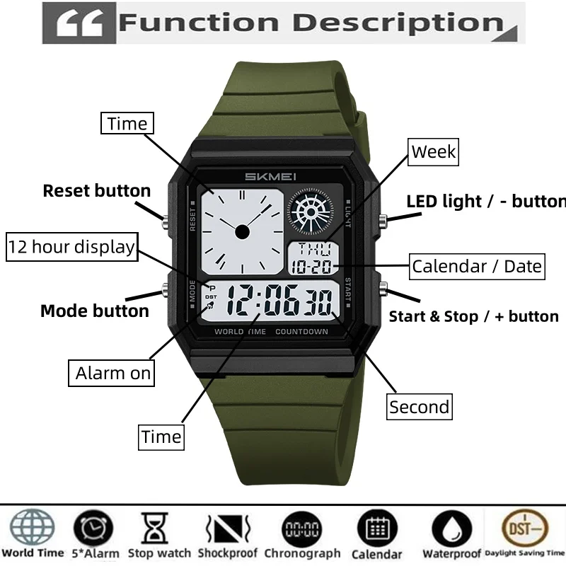 Skmei 5 Alarm Clock Male Military Sports Watches Analog Digital Display Multiple Time Zone Waterproof Swimming Mens Stop Watch