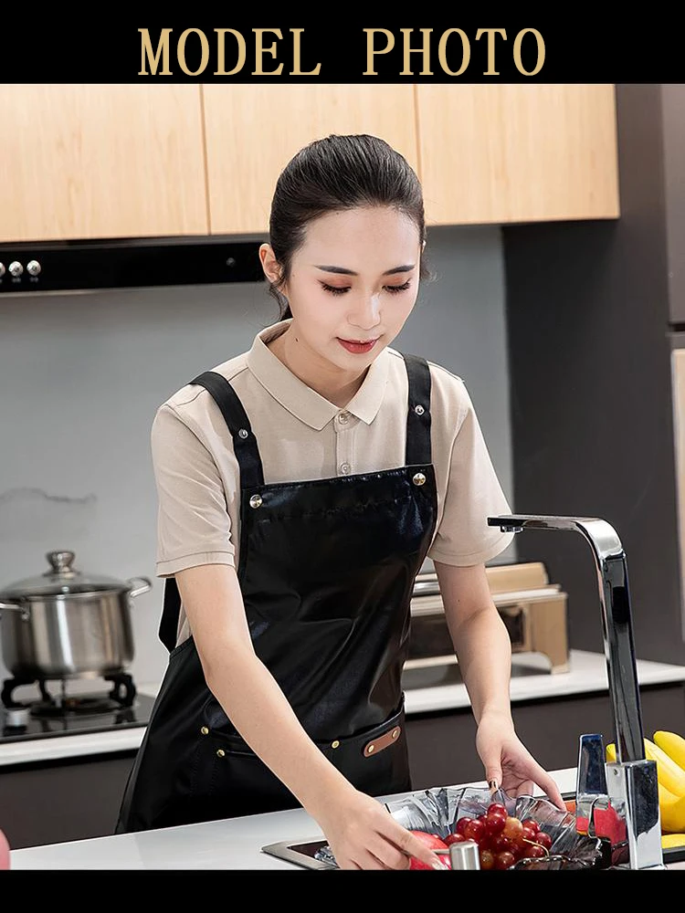 Delantal de chef a prueba de aceite de grado profesional: cuero PU completo con presilla para el cuello, impermeable y fácil cuidado para uso profesional en cocina y cantimplora