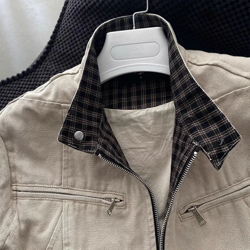 Men's Washed Canvas Workwear Jacket Retro Plaid Spliced American Baseball Style Harrington Jacket Autumn Cleanfit Outerwear