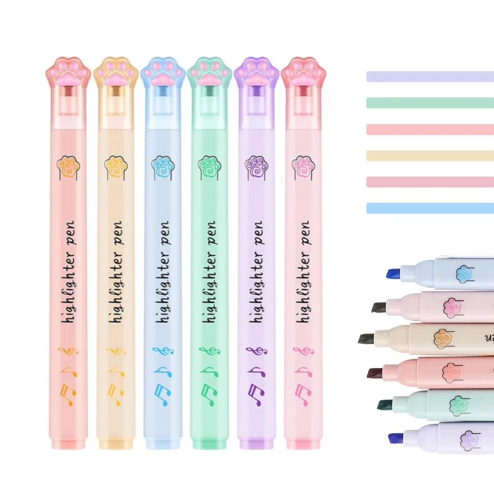 

6PCS Cute Cat Paw Highlighters, bright colors and smooth ink. Perfect for study notes, office files and creative journaling