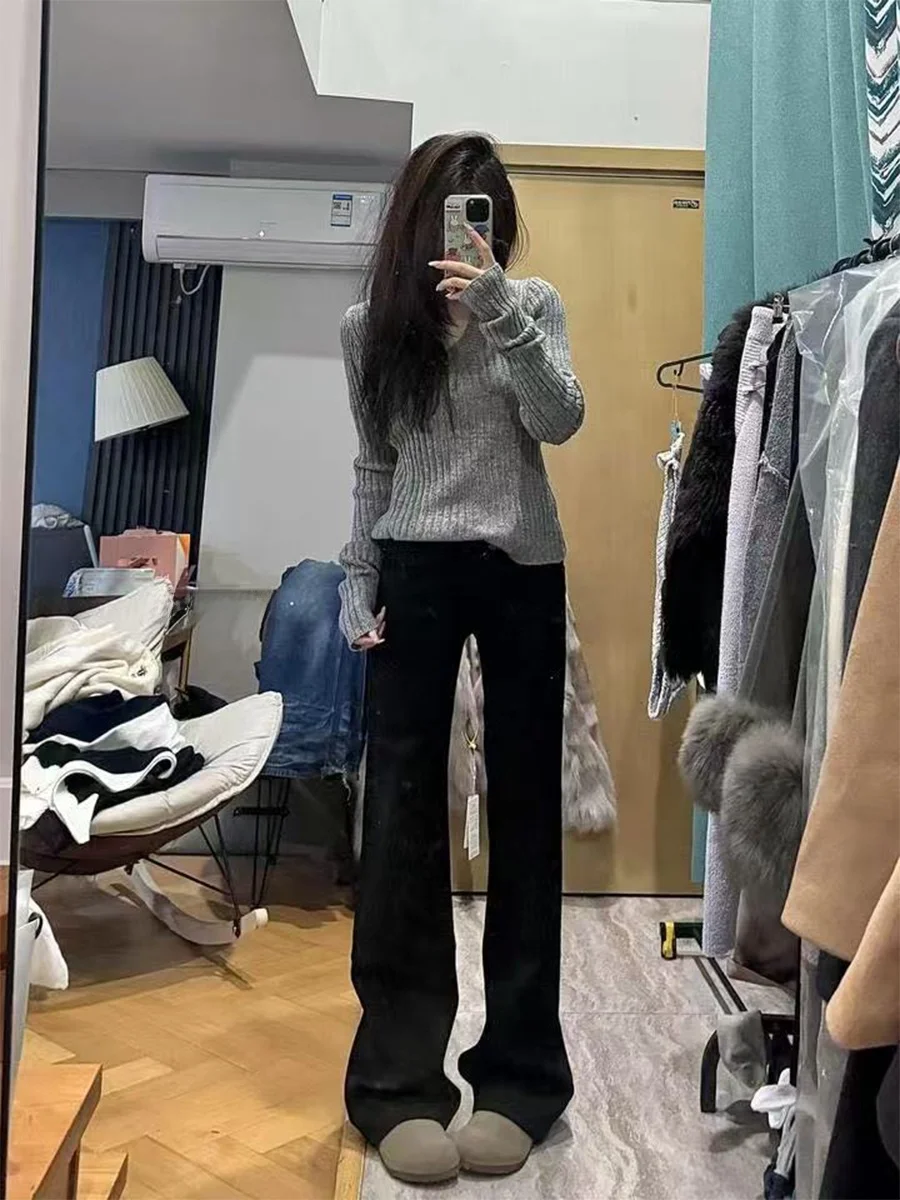 

Расклешенные джинсы с высокой талией, женские осенне-зимние эластичные джинсовые брюки больших размеров, прямые джинсы-копыта для грушевого тела