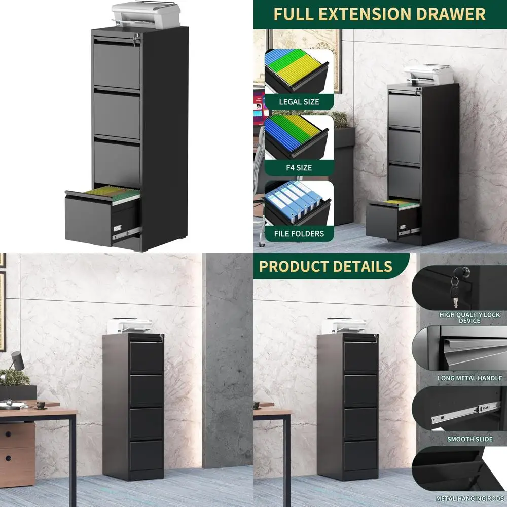Archivador vertical de acero resistente con cerradura, archivador de 4 cajones para oficina en casa, adecuado para cartas y documentos jurídicos