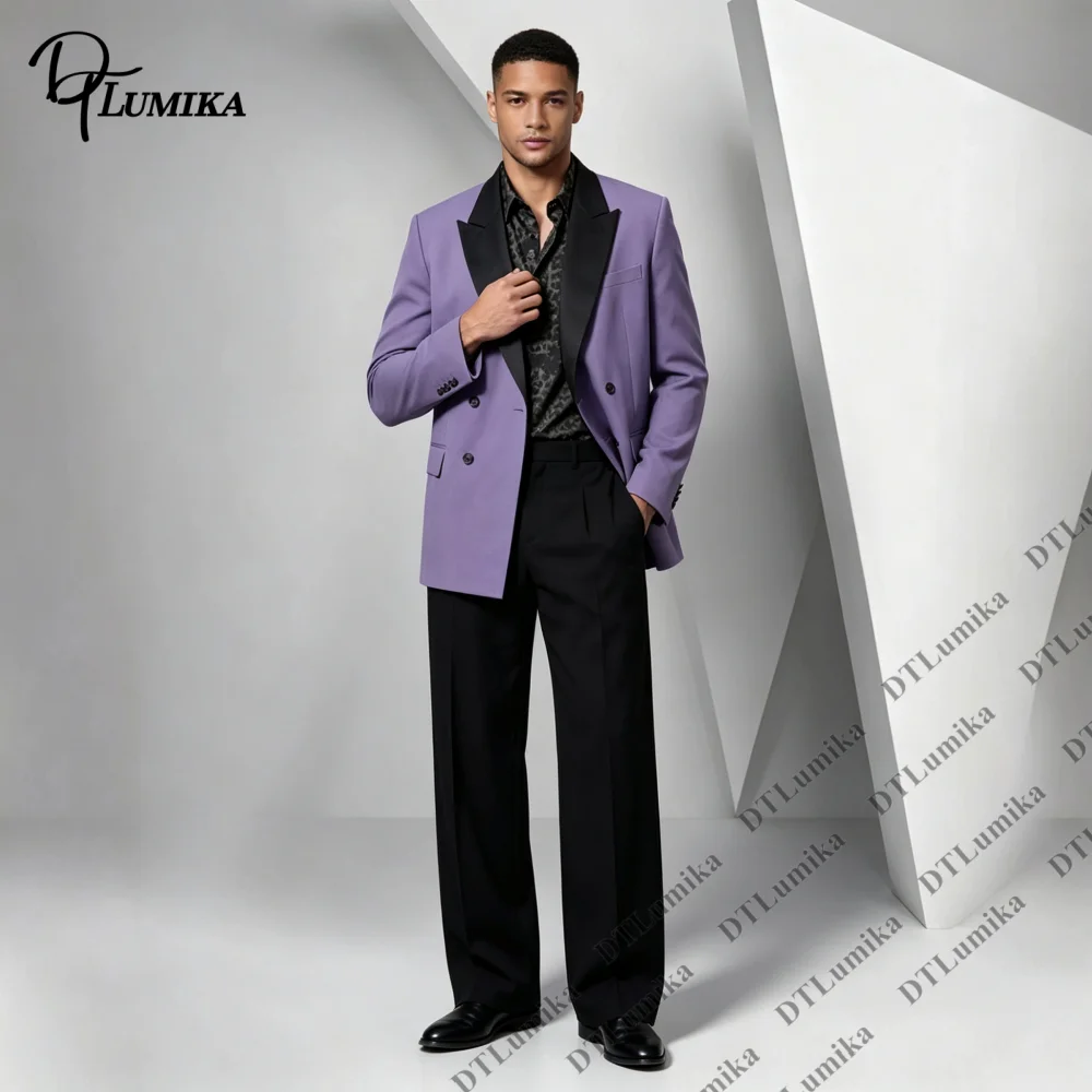 Bespoke Men's Two Piece Suit Contrast Lapel Jacket Pants Bold-toned Double Breasted Tuxedo Formal Suit Attire Made To Measure